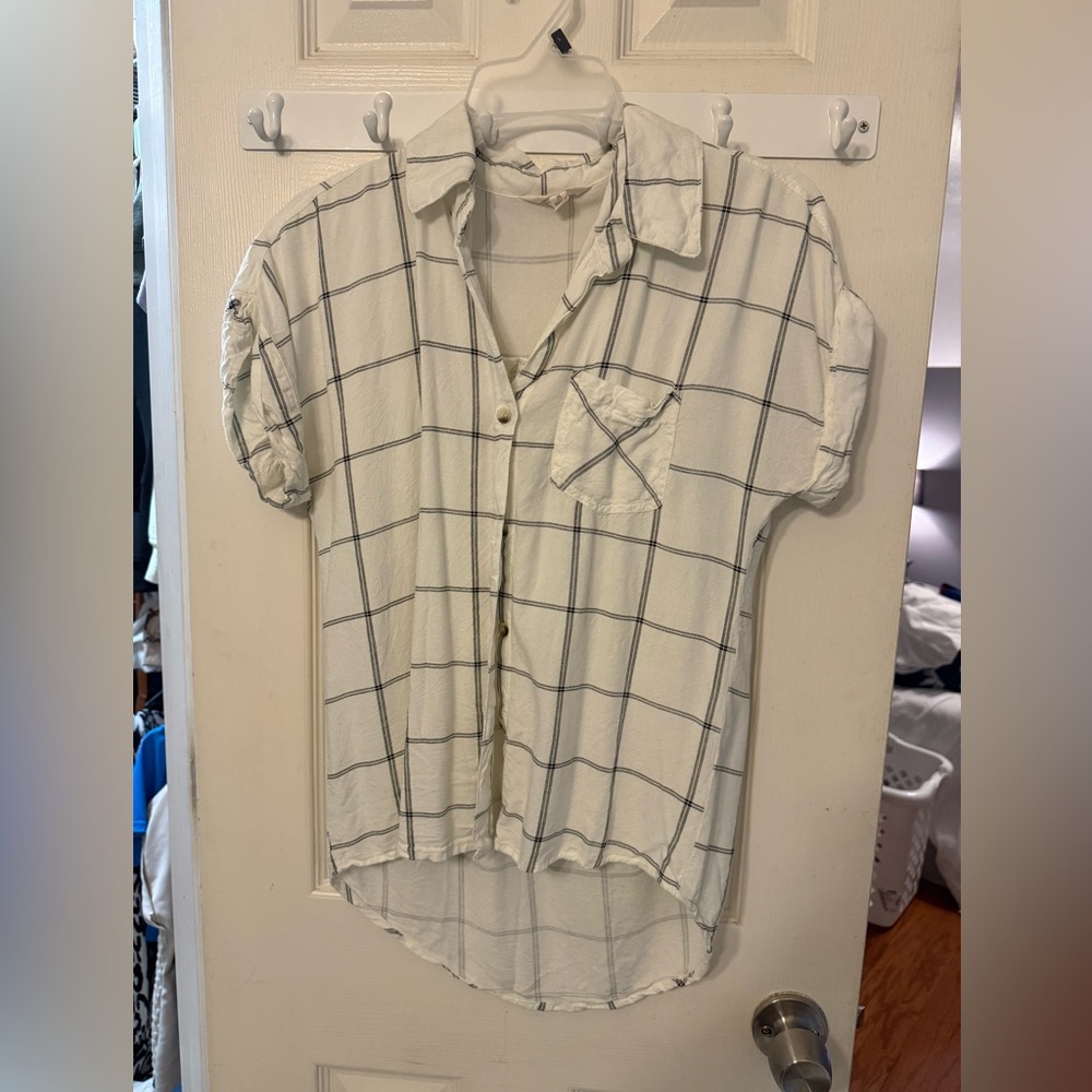 White and Gray Plaid Button-Up Shirt